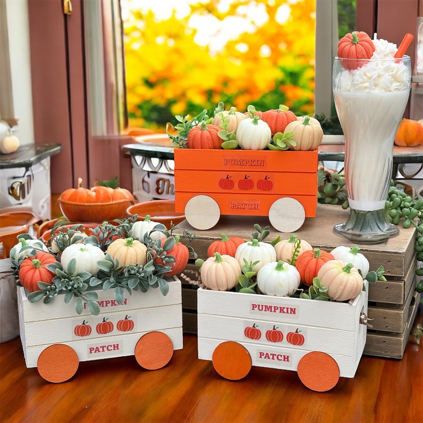 Pumpkin Patch Wax Melt Set – 6 Pumpkin-Shaped Scented Melts in Wooden Wagon