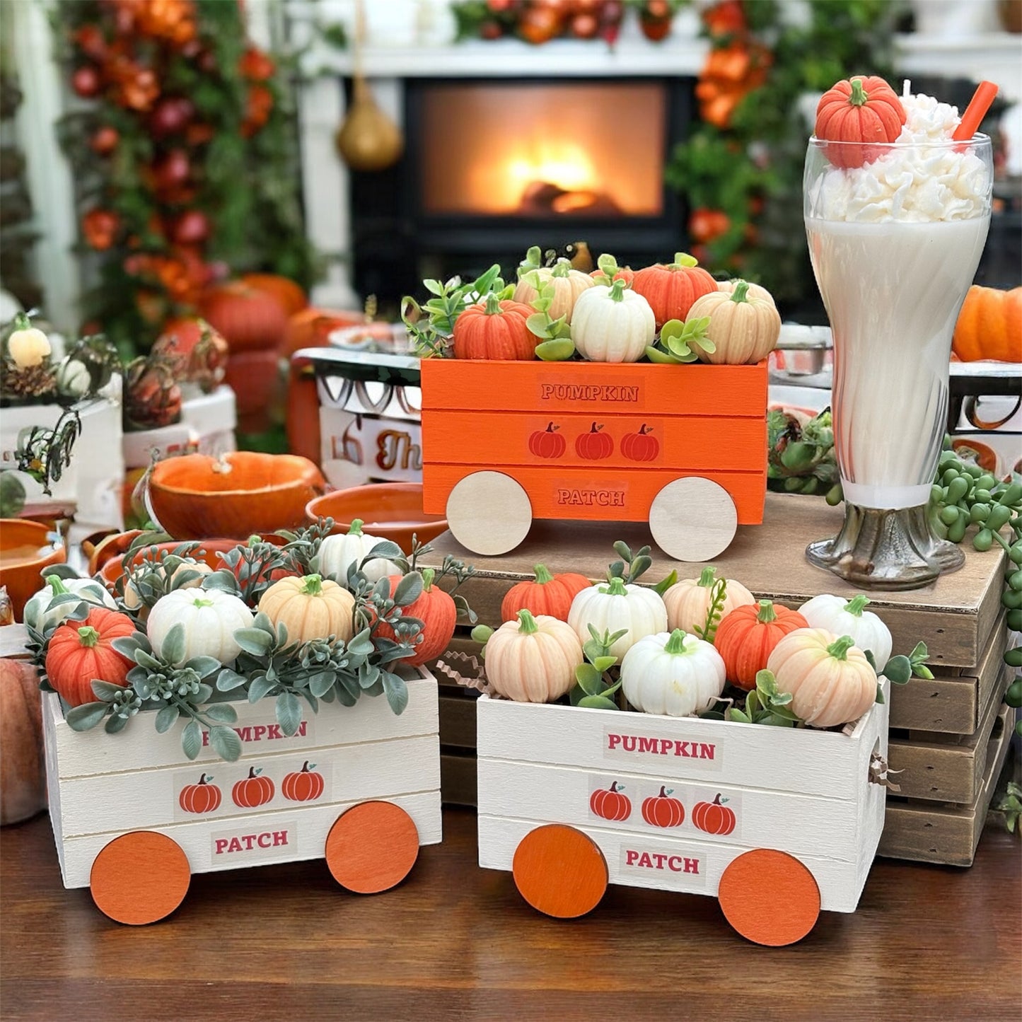 Pumpkin Patch Wax Melt Set – 6 Pumpkin-Shaped Scented Melts in Wooden Wagon