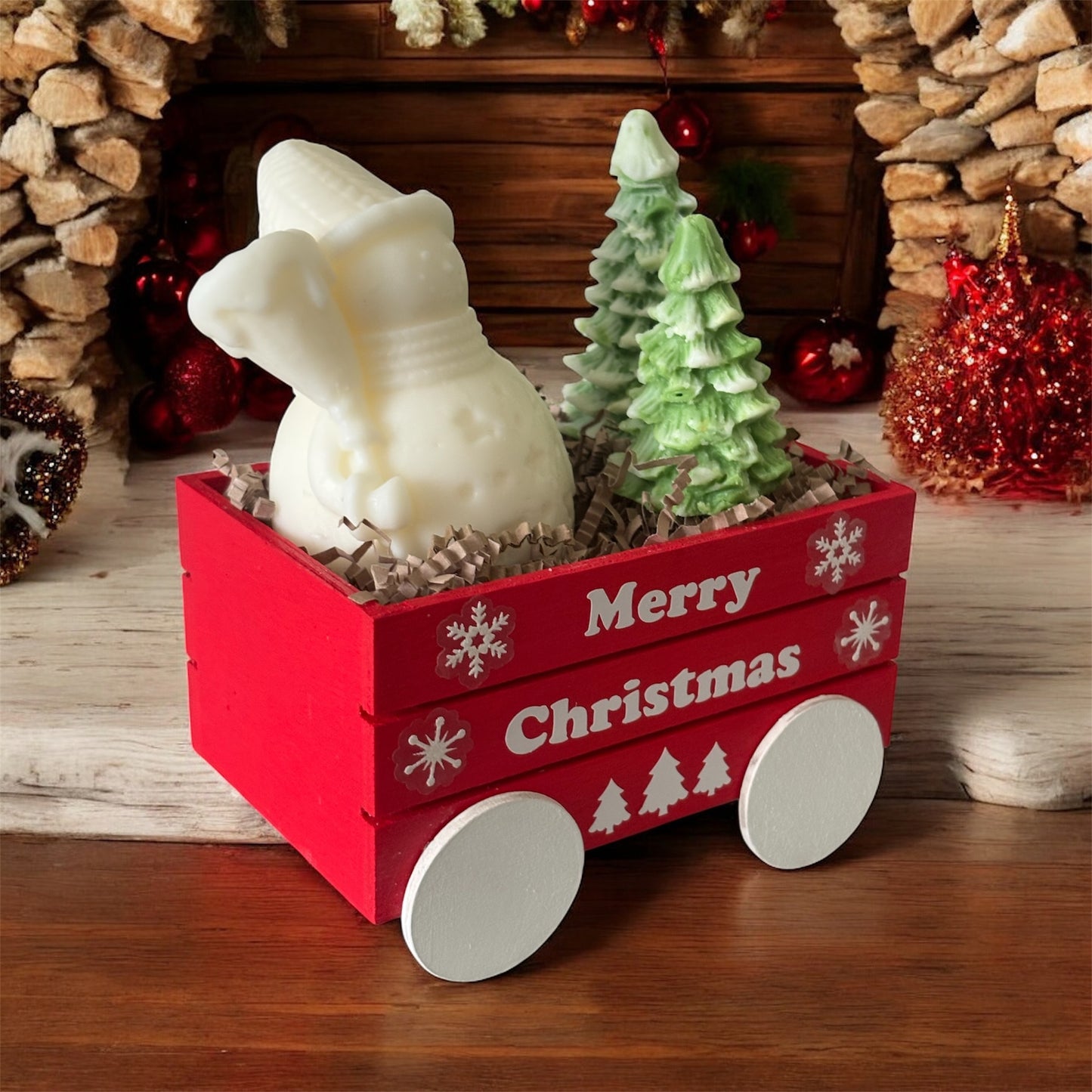 Festive Holiday Wagon with Snowman & Trees Candles