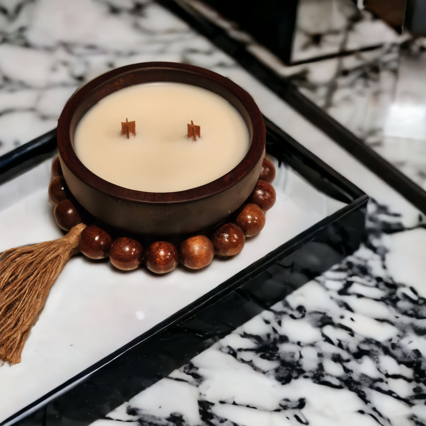 Luxe Wooden Beaded Bowl Soy Wax Candle