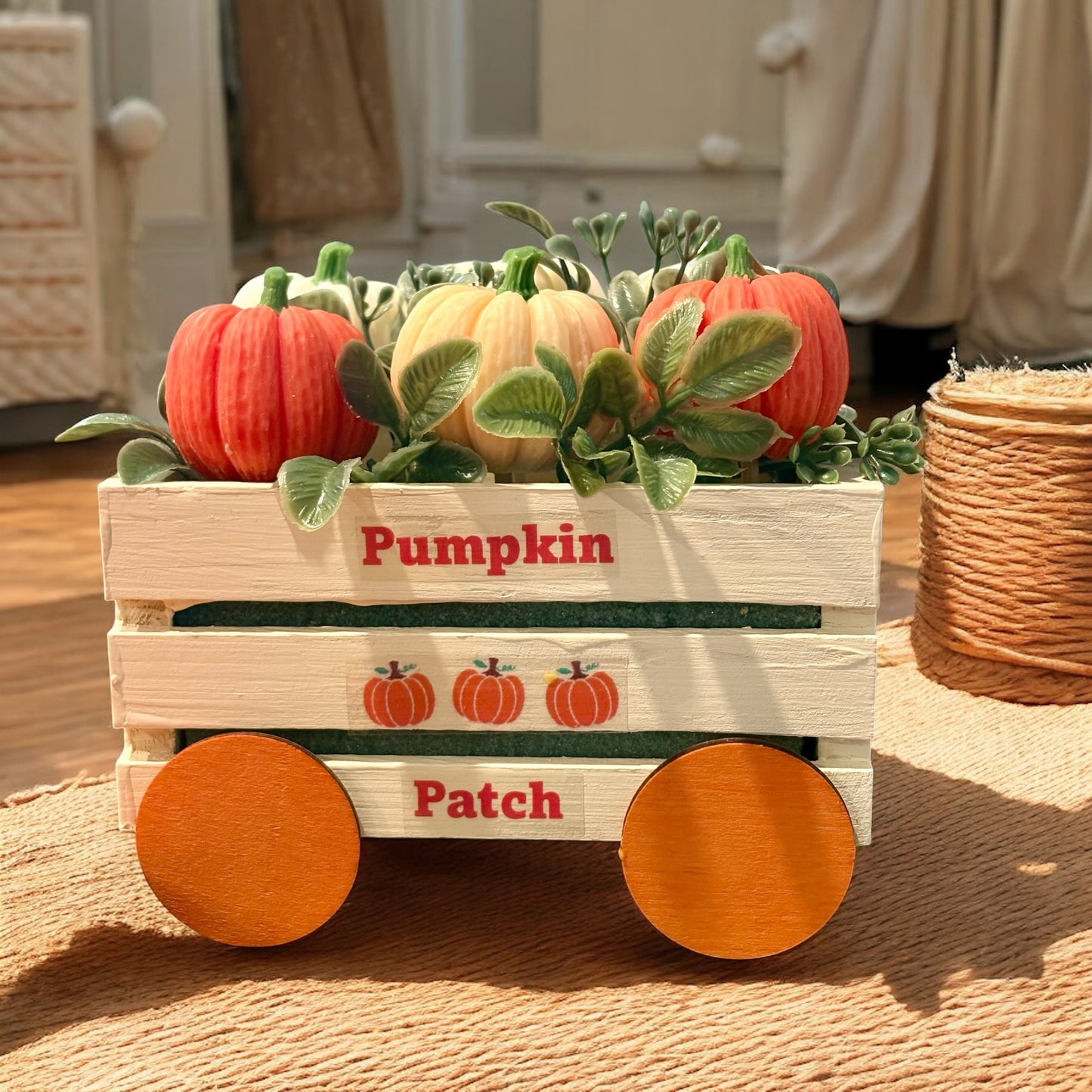 Pumpkin Patch Wagon Decor | Rustic Fall Pumpkin Centerpiece | Farmhouse Autumn Table Decor | Thanksgiving Tray Decoration | Cozy Seasonal Home Accent