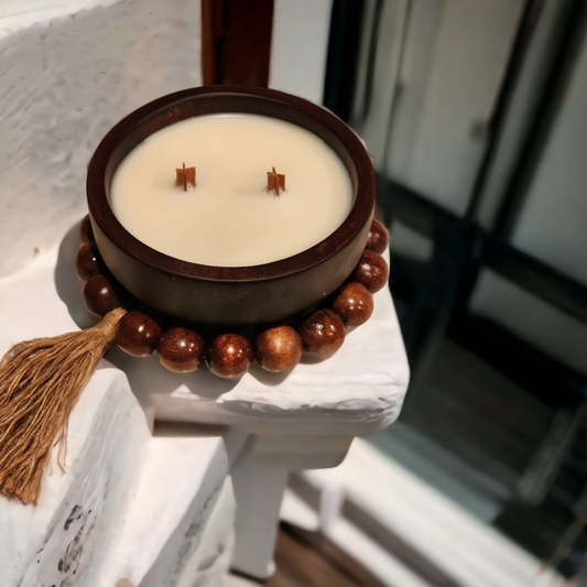 Luxe Wooden Beaded Bowl Soy Wax Candle