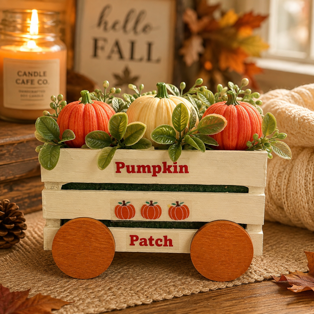 Pumpkin Patch Wagon Decor | Rustic Fall Pumpkin Centerpiece | Farmhouse Autumn Table Decor | Thanksgiving Tray Decoration | Cozy Seasonal Home Accent