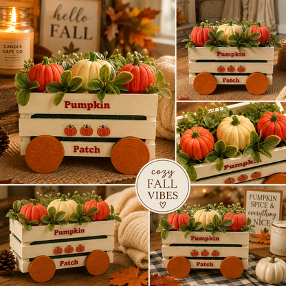 Pumpkin Patch Wagon Decor | Rustic Fall Pumpkin Centerpiece | Farmhouse Autumn Table Decor | Thanksgiving Tray Decoration | Cozy Seasonal Home Accent