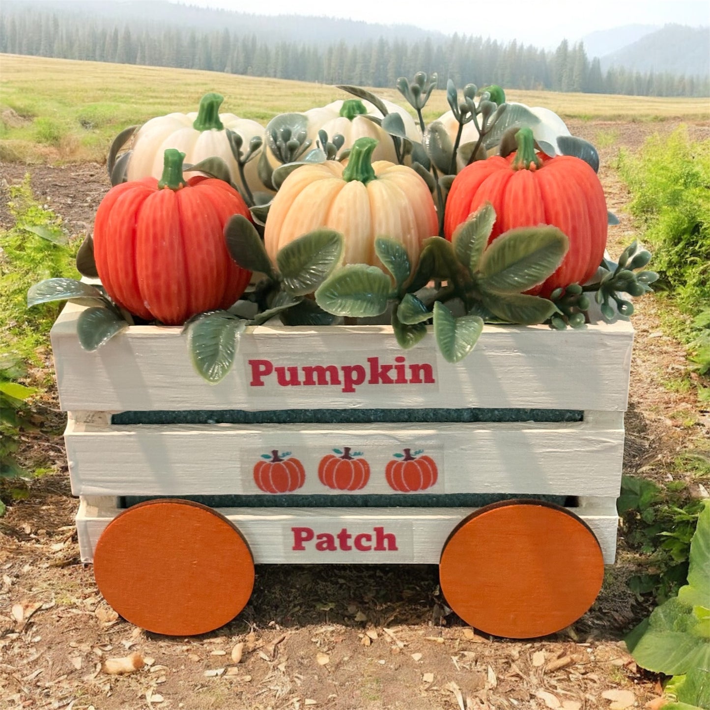 Pumpkin Patch Wax Melt Set – 6 Pumpkin-Shaped Scented Melts in Wooden Wagon