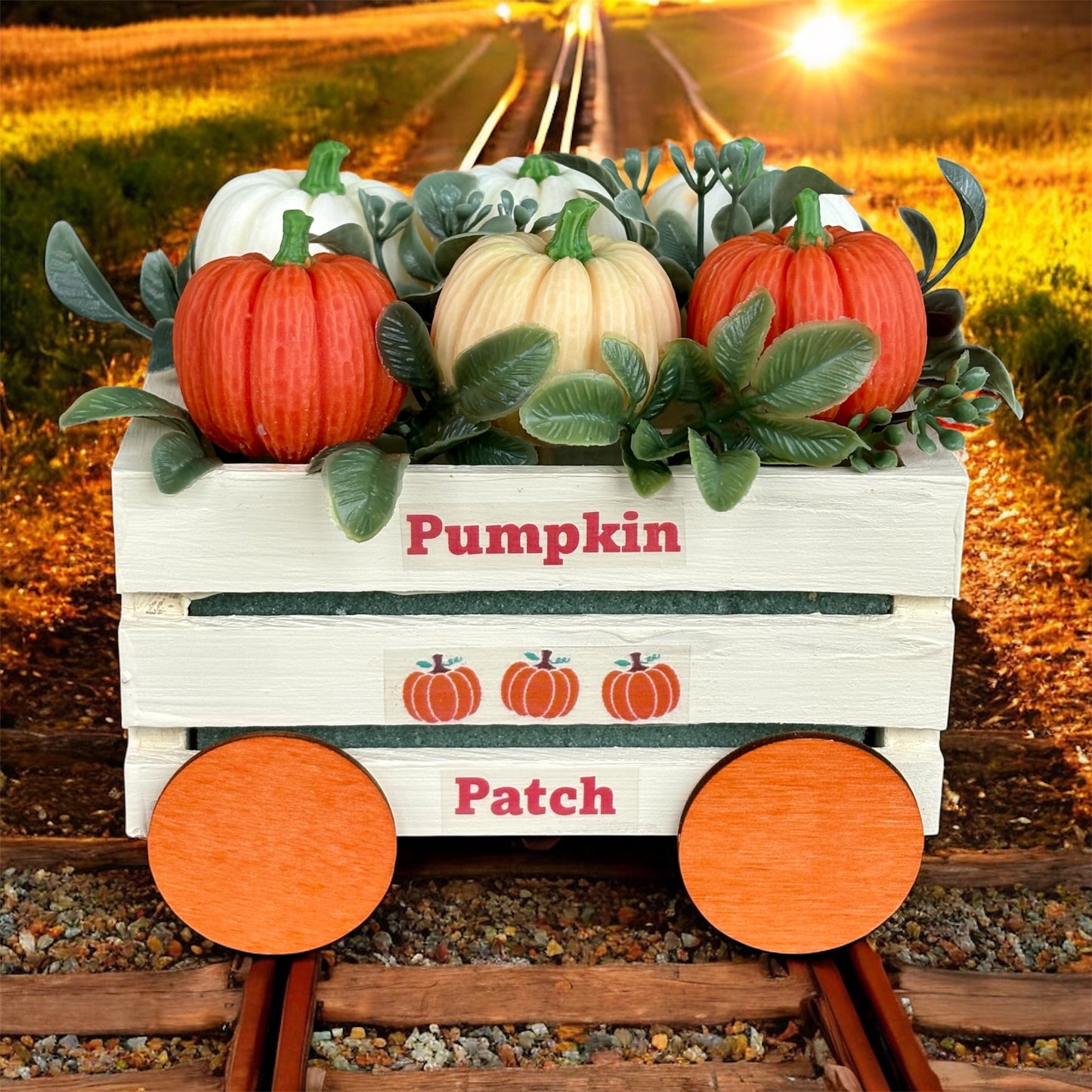 Pumpkin Patch Wax Melt Set – 6 Pumpkin-Shaped Scented Melts in Wooden Wagon