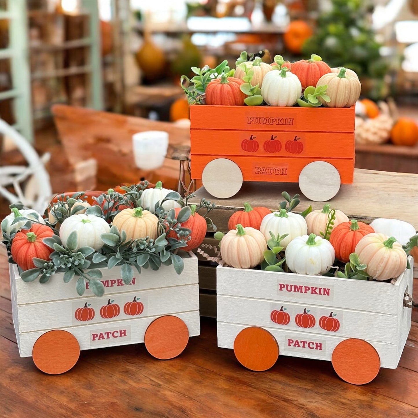 Pumpkin Patch Wagon Decor | Rustic Fall Pumpkin Centerpiece | Farmhouse Autumn Table Decor | Thanksgiving Tray Decoration | Cozy Seasonal Home Accent