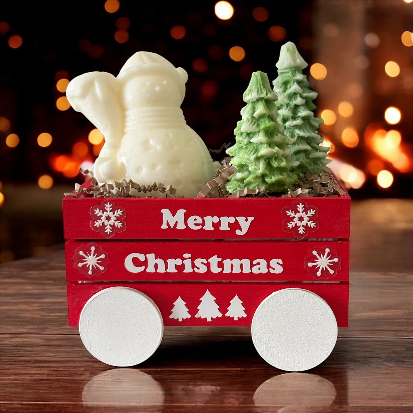 Festive Holiday Wagon with Snowman & Trees Candles