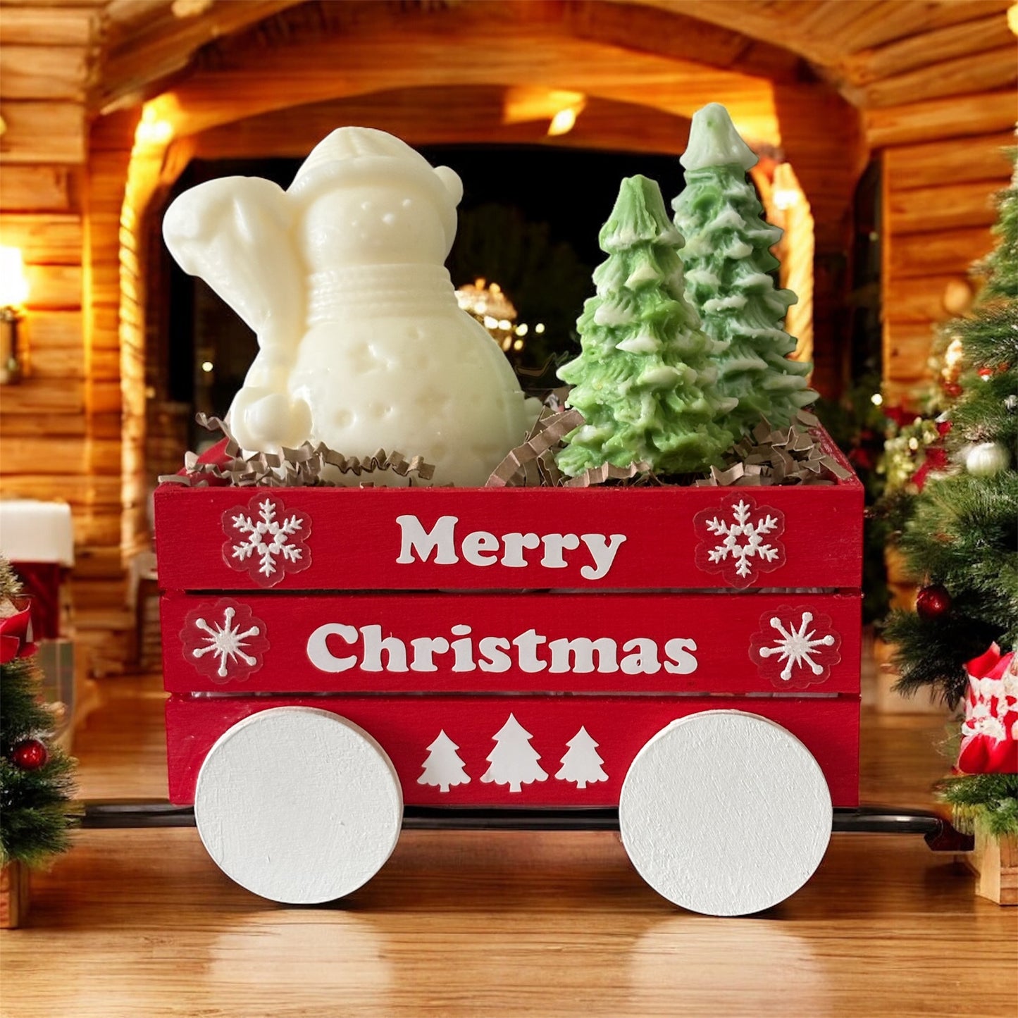 Festive Holiday Wagon with Snowman & Trees Candles