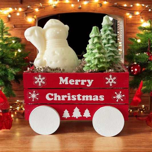 Festive Holiday Wagon with Snowman & Trees Candles