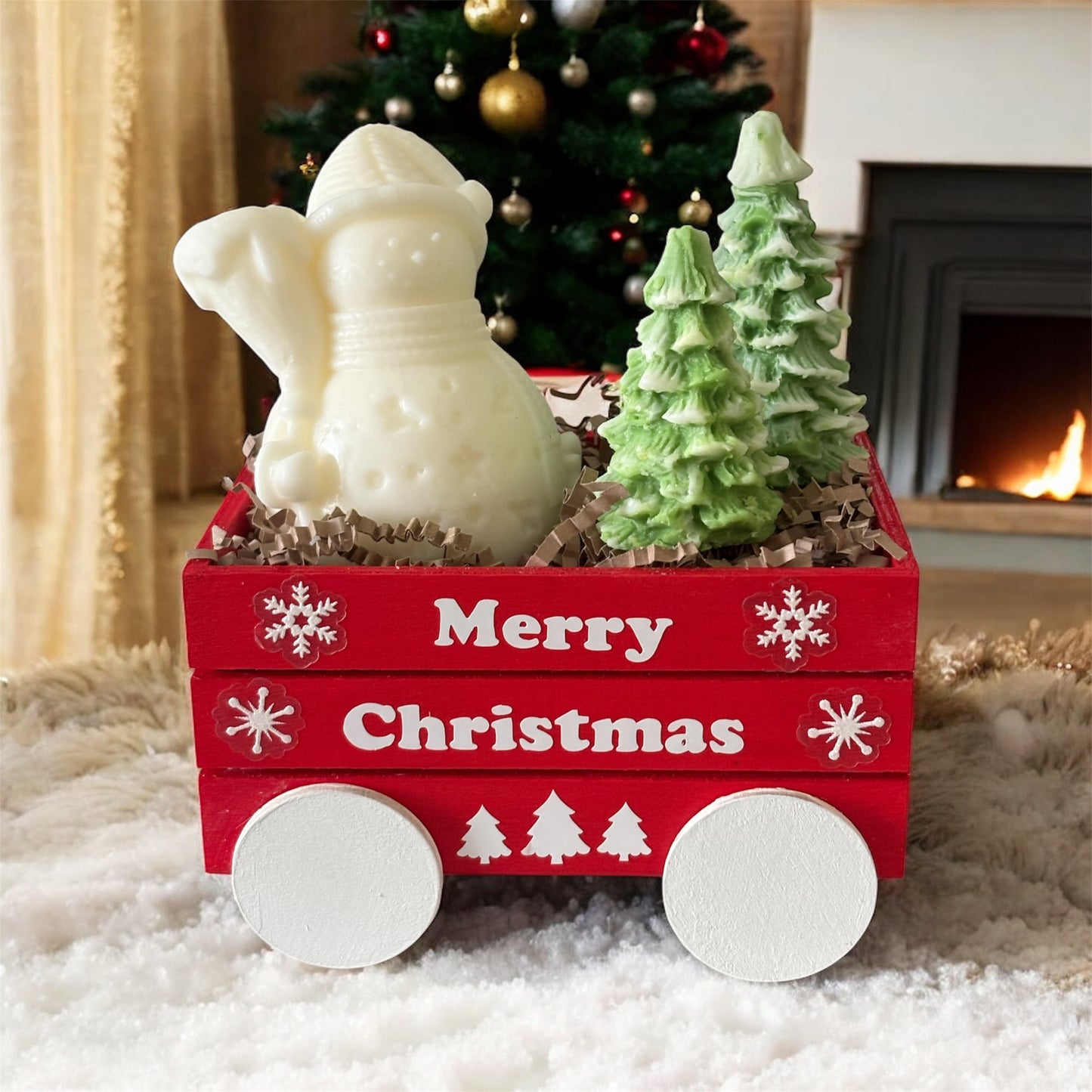 Festive Holiday Wagon with Snowman & Trees Candles
